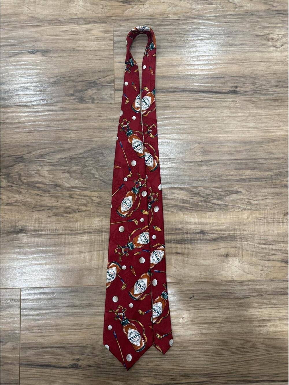 Tabasco Golf Theme Silk Necktie Red Novelty Tie Golf Clubs Peppers